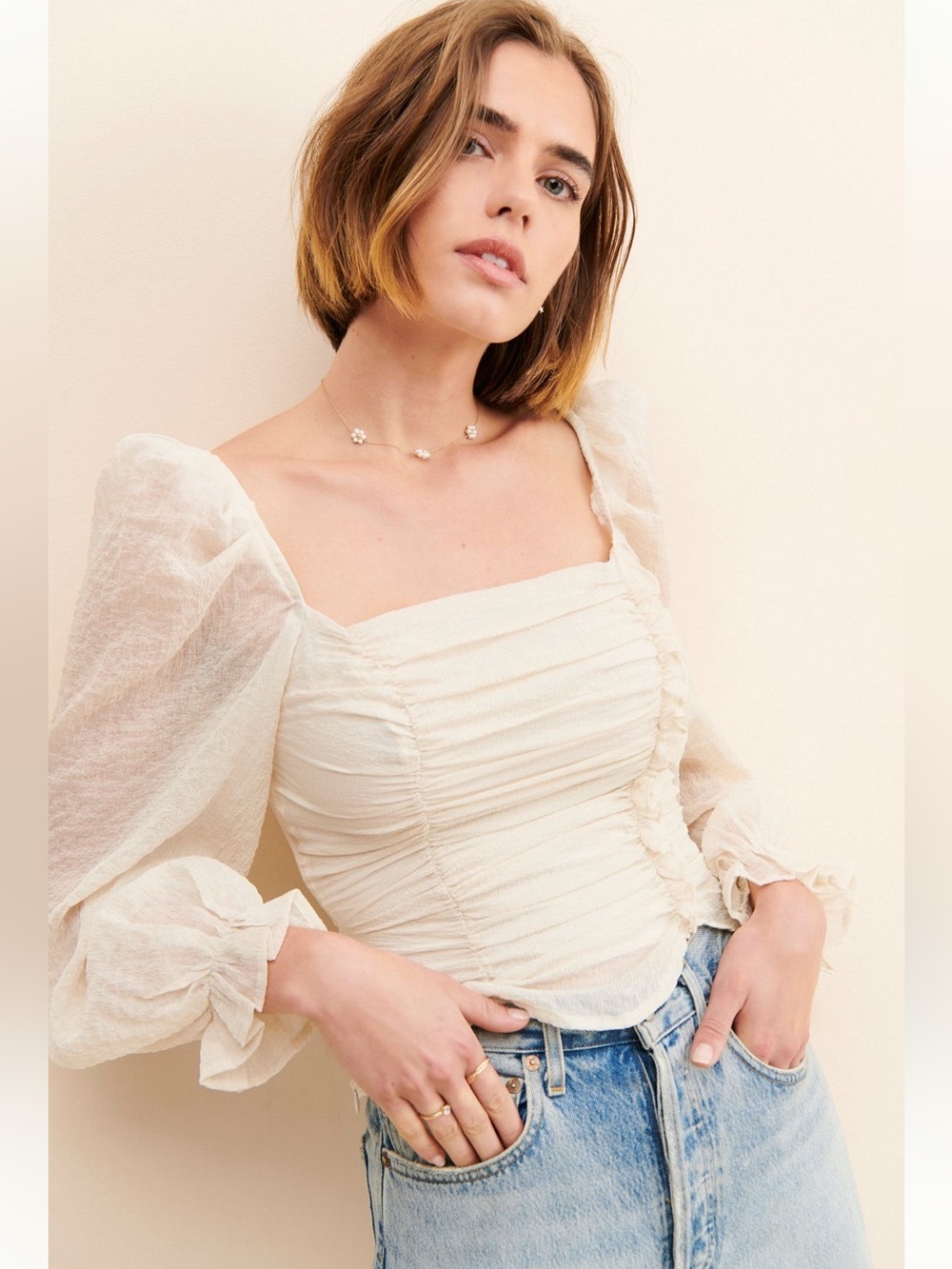 ASTR The Label Tonina Ruched Blouse Cream XS Puff Sleeve Square Neck Top